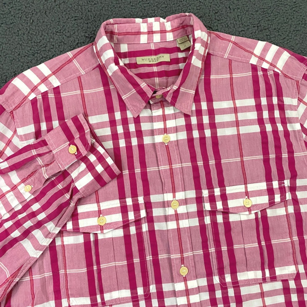 Burberry Brit Shirt Mens Large Pink Plaid Nova Check Button Up Flap Pocket